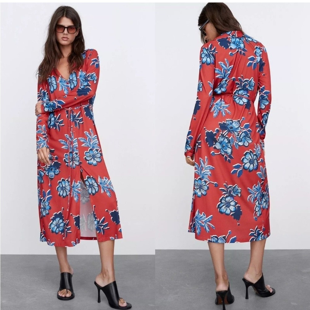 Zara Midi Dress S Red Blue Floral Long Sleeve Button Front Tie Waist Euro Resort